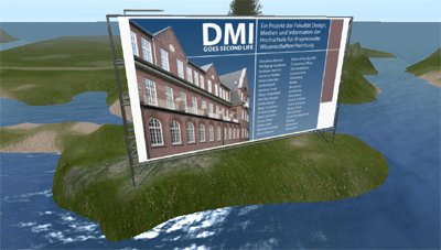 Bautafel auf dem Campus des Mediencampus Finkenau in Second Life