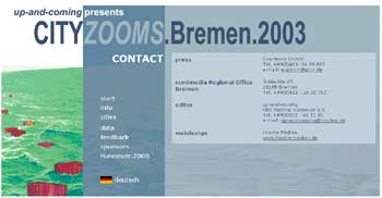 Kontaktseite CITYZOOMS.Bremen.2003 auf Englisch
