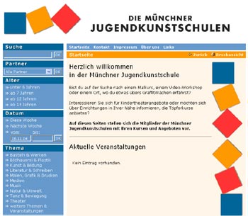 Startseite der Internetseite der Münchner Jugendkunstschulen