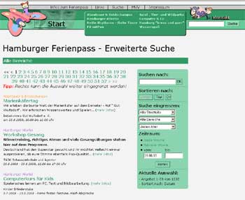 Such- und Filterfunktionen im Hamburger Ferienpass 2003