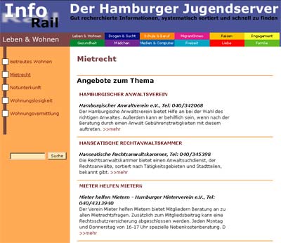 Unterkategorie-Ansicht beim Hamburger Jugendserver bis Ende 2005